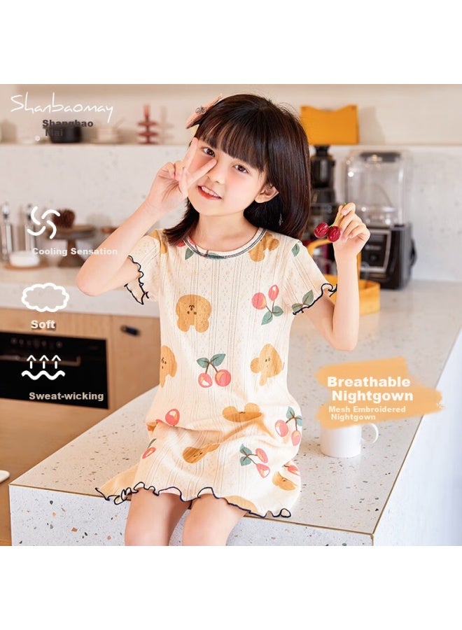 Shanbaomay Summer Children's Nightgown Girls Short Sleeve Pajamas Girls Home Wear Thin Cotton Breathable Cool Feeling Parent-child Matching Yellow 140cm