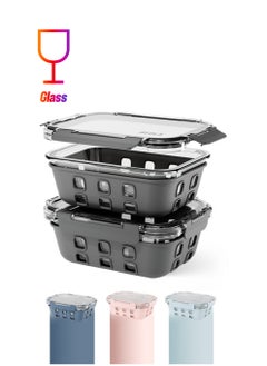BEOLA Set of 2 Glass Food Storage Containers with Airtight Lids and Silicone Protection, Leakproof Food Organizer, Freezer, Dishwasher, Microwave Safe, Kitchen Organizer for Food (1050ml, Lava Gray)  - Image 1