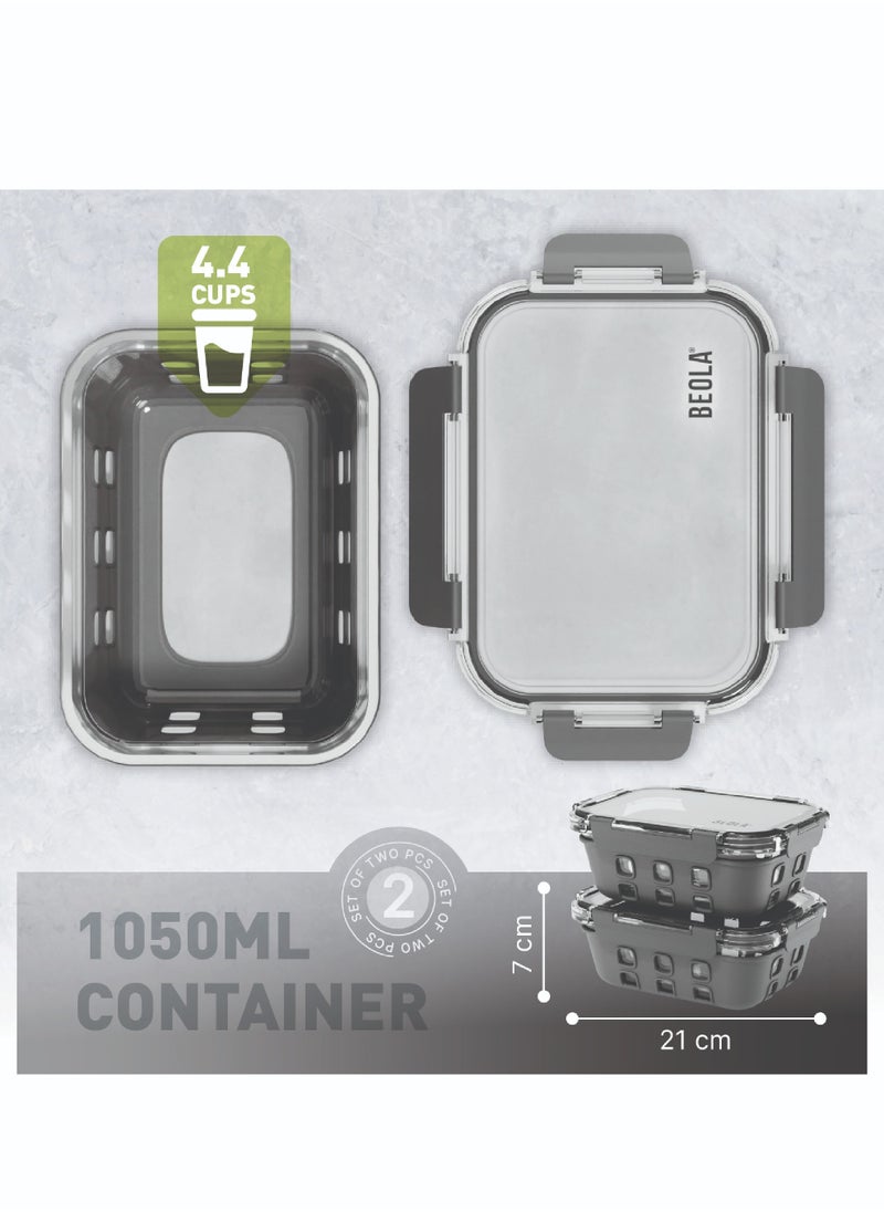 BEOLA Set of 2 Glass Food Storage Containers with Airtight Lids and Silicone Protection, Leakproof Food Organizer, Freezer, Dishwasher, Microwave Safe, Kitchen Organizer for Food (1050ml, Lava Gray)  - Image 3