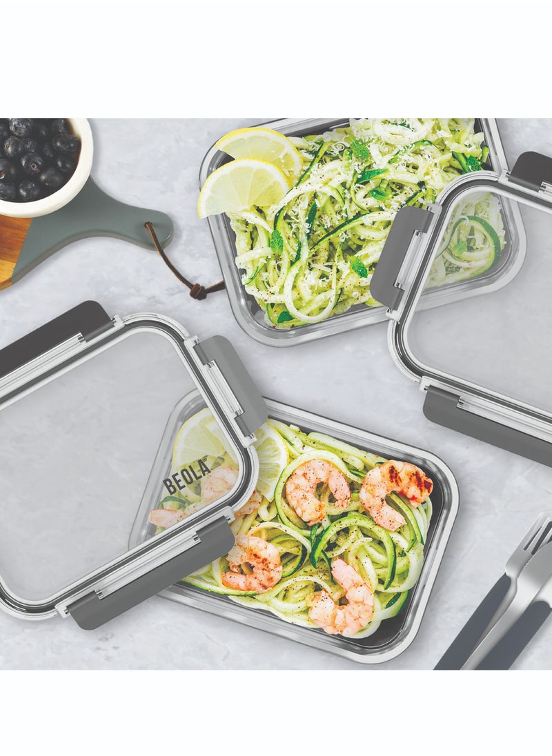 BEOLA Set of 2 Glass Food Storage Containers with Airtight Lids and Silicone Protection, Leakproof Food Organizer, Freezer, Dishwasher, Microwave Safe, Kitchen Organizer for Food (1050ml, Lava Gray)  - Image 4