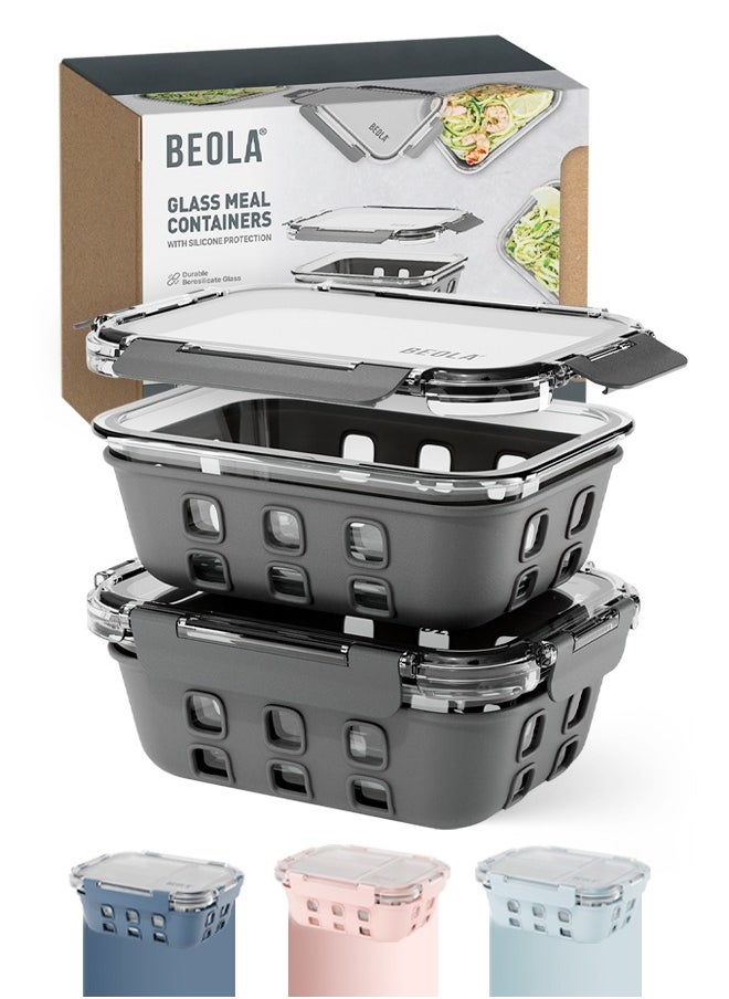 BEOLA Set of 2 Glass Food Storage Containers with Airtight Lids and Silicone Protection, Leakproof Food Organizer, Freezer, Dishwasher, Microwave Safe, Kitchen Organizer for Food (1050ml, Lava Gray)  - Image 1