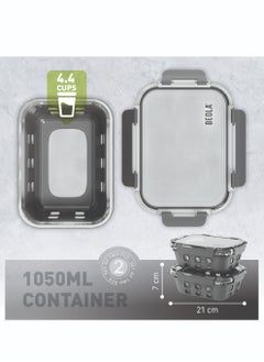 BEOLA Set of 2 Glass Food Storage Containers with Airtight Lids and Silicone Protection, Leakproof Food Organizer, Freezer, Dishwasher, Microwave Safe, Kitchen Organizer for Food (1050ml, Lava Gray)  - Image 3