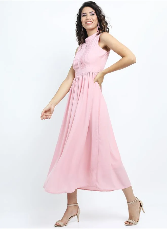 Tokyo Talkies Pintuck Detail High Neck A-Line Midi Dress by Styli