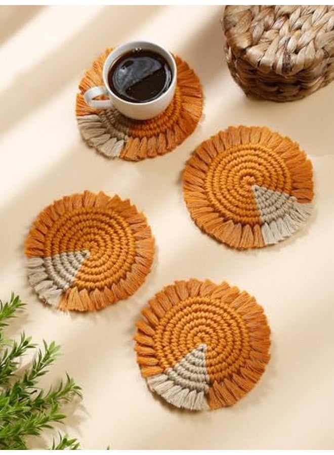 MY CREATIVE HUT My Creative Hut Macrame Round Set of 6 Coasters Bohemian Style, Handmade, Absorbent Than Wood, Steel, Stone Material, Big Size (Mustard Beige) - Image 1