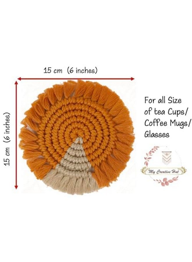 MY CREATIVE HUT My Creative Hut Macrame Round Set of 6 Coasters Bohemian Style, Handmade, Absorbent Than Wood, Steel, Stone Material, Big Size (Mustard Beige) - Image 3