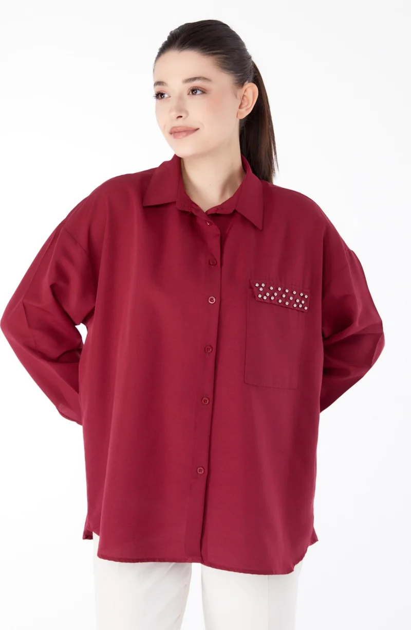 Tofisa Plain Shirt Collar Women's Claret Red Stone Detailed Shirt - 13194