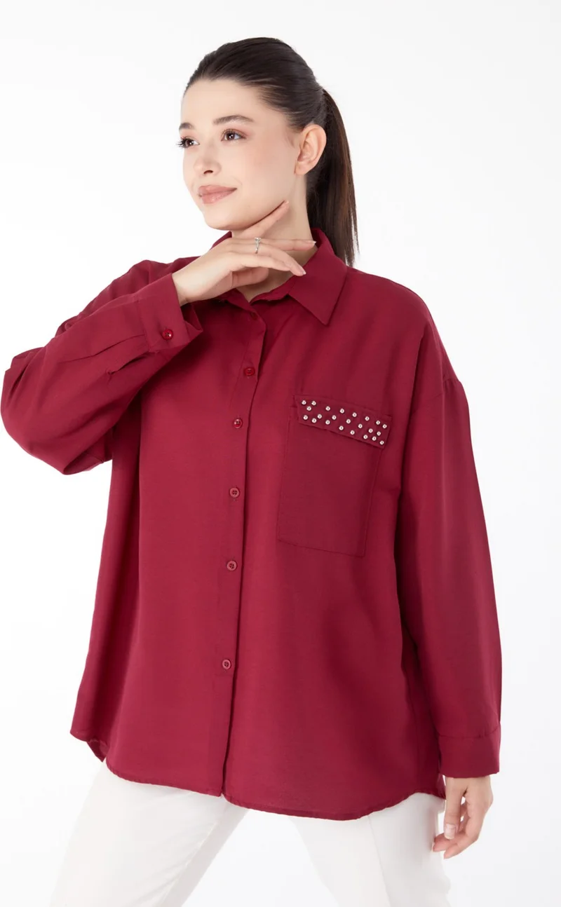 Tofisa Plain Shirt Collar Women's Claret Red Stone Detailed Shirt - 13194