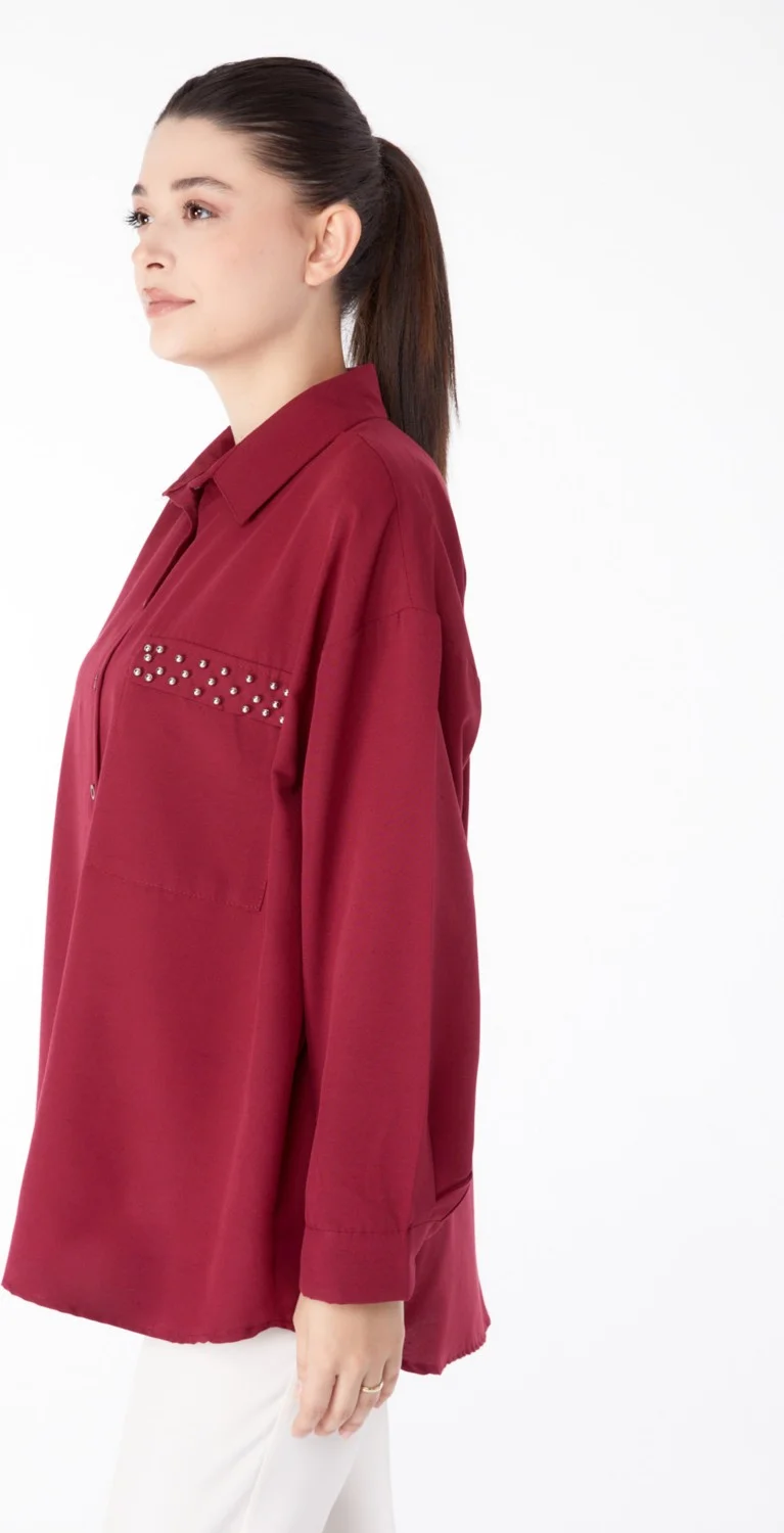 Tofisa Plain Shirt Collar Women's Claret Red Stone Detailed Shirt - 13194