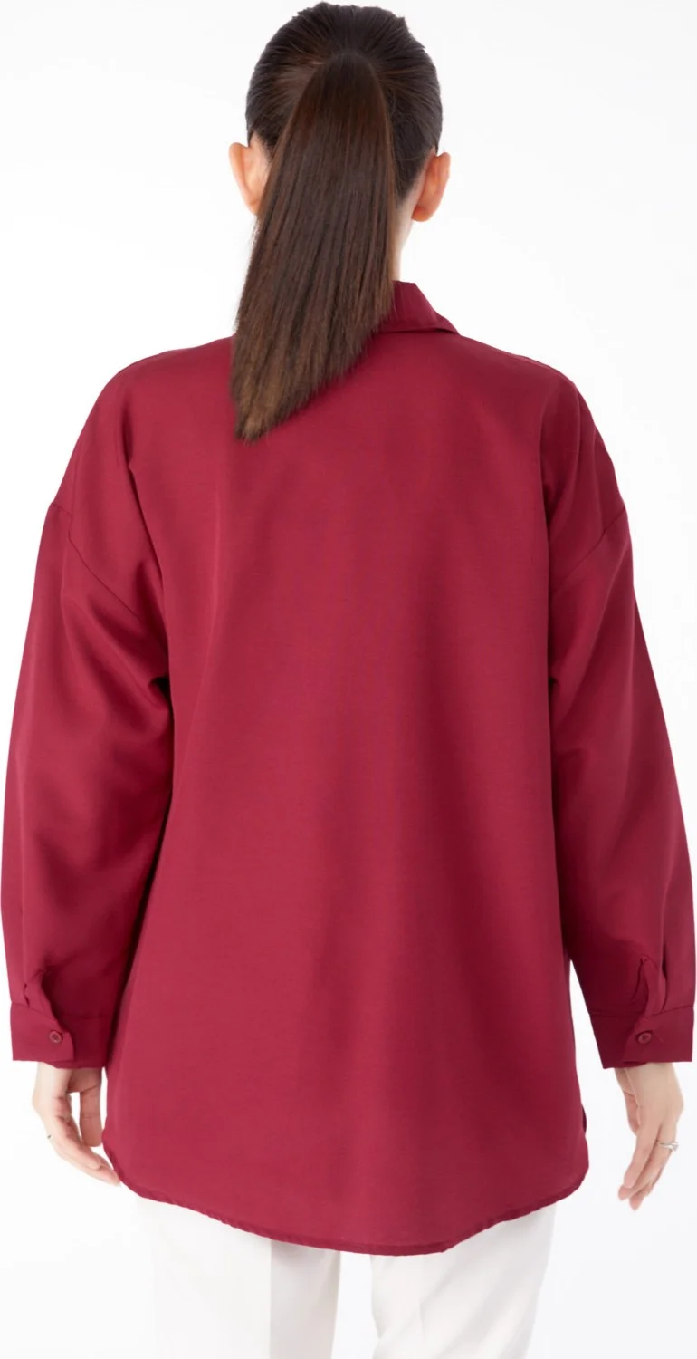 Tofisa Plain Shirt Collar Women's Claret Red Stone Detailed Shirt - 13194