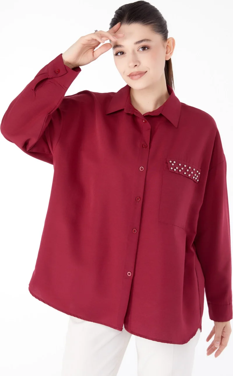 Tofisa Plain Shirt Collar Women's Claret Red Stone Detailed Shirt - 13194