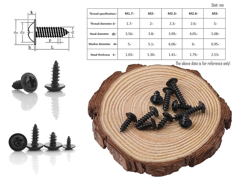 LBY 1000pcs M2.3 M2.6 Truss Head Self-Tapping Screws, Wafer and Pan Washer Screw, 10 Sizes Assortment Kit, Carbon Steel (Blacking) - Image 4