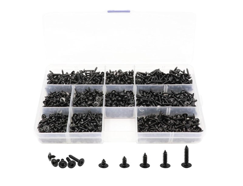 LBY 1000pcs M2.3 M2.6 Truss Head Self-Tapping Screws, Wafer and Pan Washer Screw, 10 Sizes Assortment Kit, Carbon Steel (Blacking) - Image 1