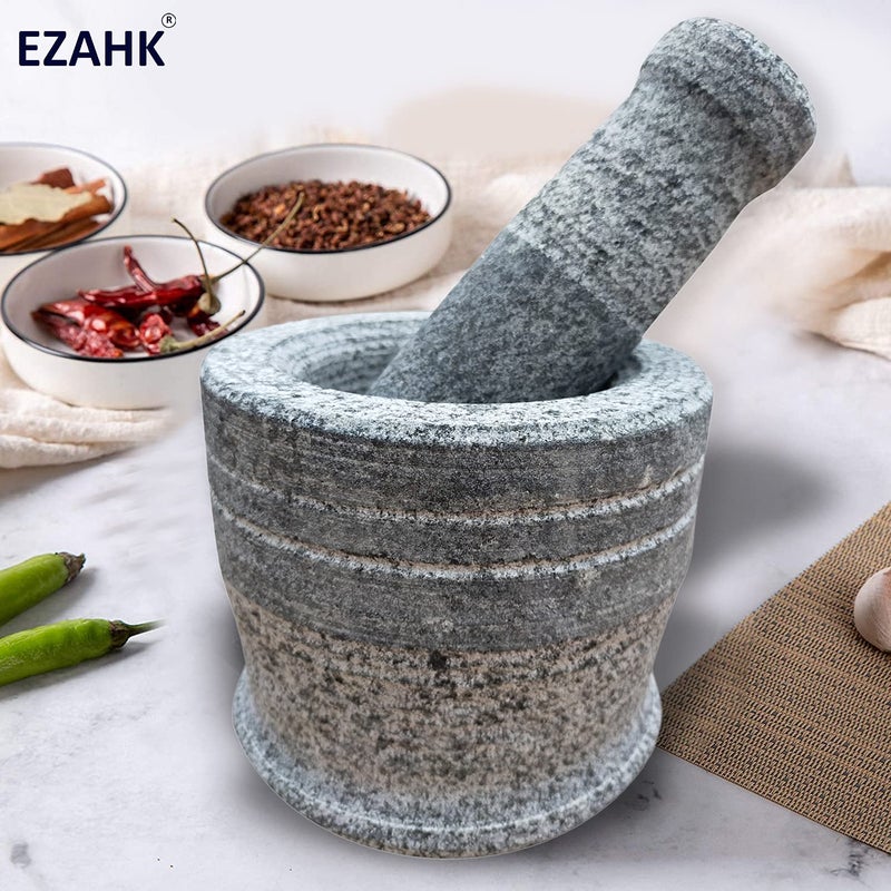 EZAHK EZAHK Mortar and Pestle Set for Spices Okhli Masher Khalbatta Kharal Mixer Natural Traditional Grinder and Musal Well Design for Kitchen Home Herb 6 in Pack of 2  - Image 2