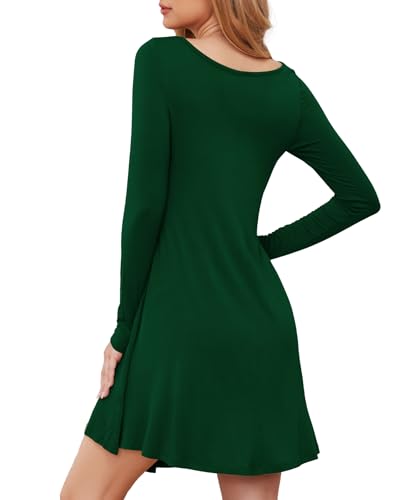 DEARCASE Long Sleeve T-Shirt Dress for Women Dark Green Small V-Neck Spring Casual Loose Fall Winter Irregular Hem Wedding Guest Jersey Flowy Swing Sweater Tunic Short Dresses - Image 2