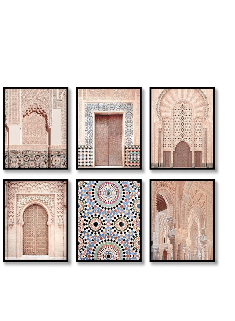 مؤسسة فكرة اليوم مجموعة من 6 ملصقات مطبوعة على قماش لفن العمارة المغربية من أفكار اليوم لأبواب عربية وأقواس مسجد | ديكور حائط أنيق لغرفة المعيشة وغرفة النوم والمكتب (بدون إطار - 1، 8 × 10 بوصة) - Image 1