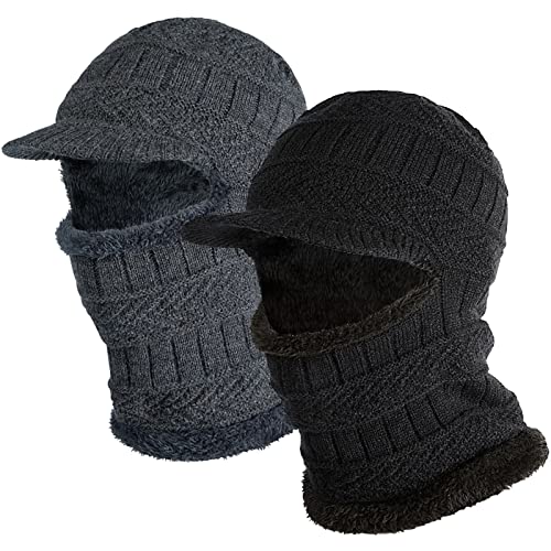 PAMASE Balaclava Face Mask - 2pcs Knit Winter Hat Gifts for Women Men Adult, Cold Weather Ski Beanie Neck Gaiter Ears Cover Thermal Ninja Caps for Christmas Outdoors Running Snowboarding, Grey Black - Image 1