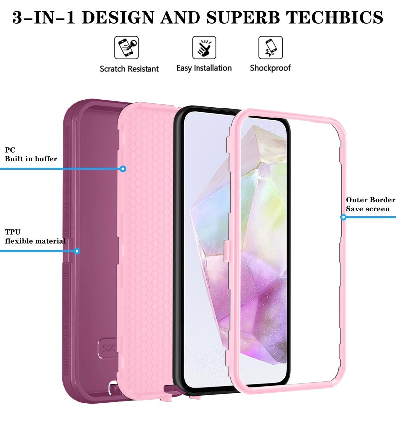 Qinmay Phone Case for Samsung Galaxy A36 5G Case with HD Screen Protector, Heavy Duty Shockproof & Dropproof 3-Layer Cover Phone Case for Galaxy A36,WineRedPink - Image 5