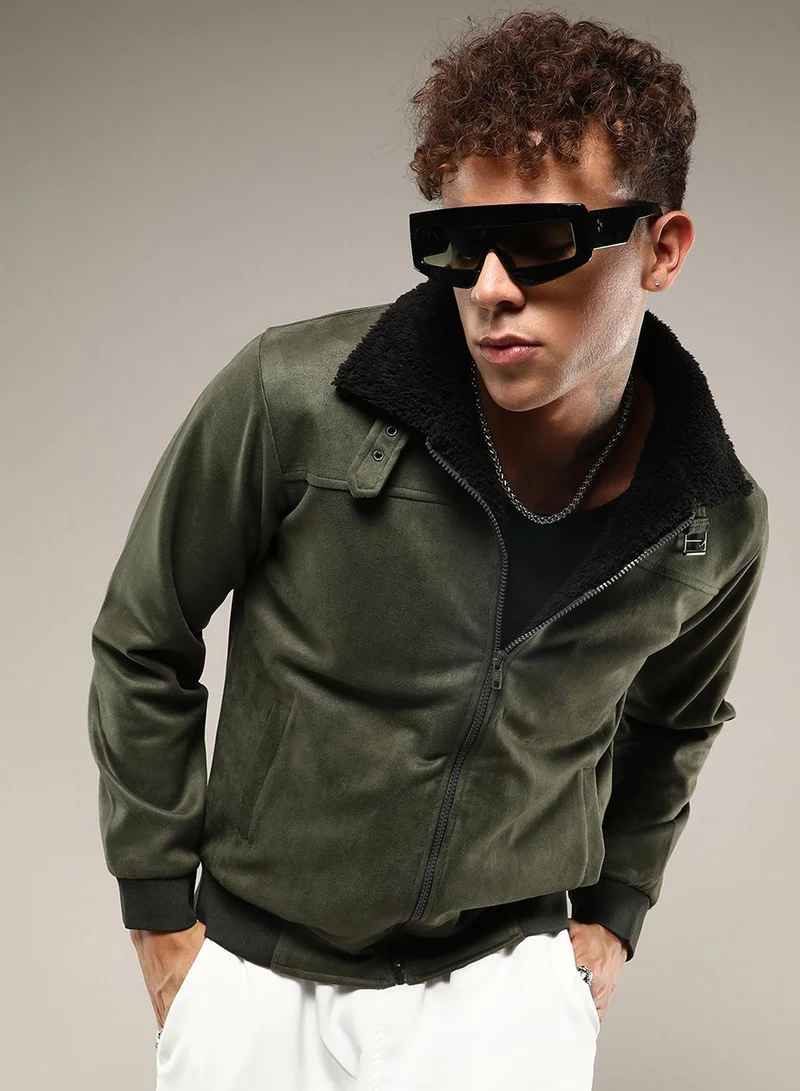 Campus Sutra Men's Army Green Fur-Lined Suede Bomber Jacket