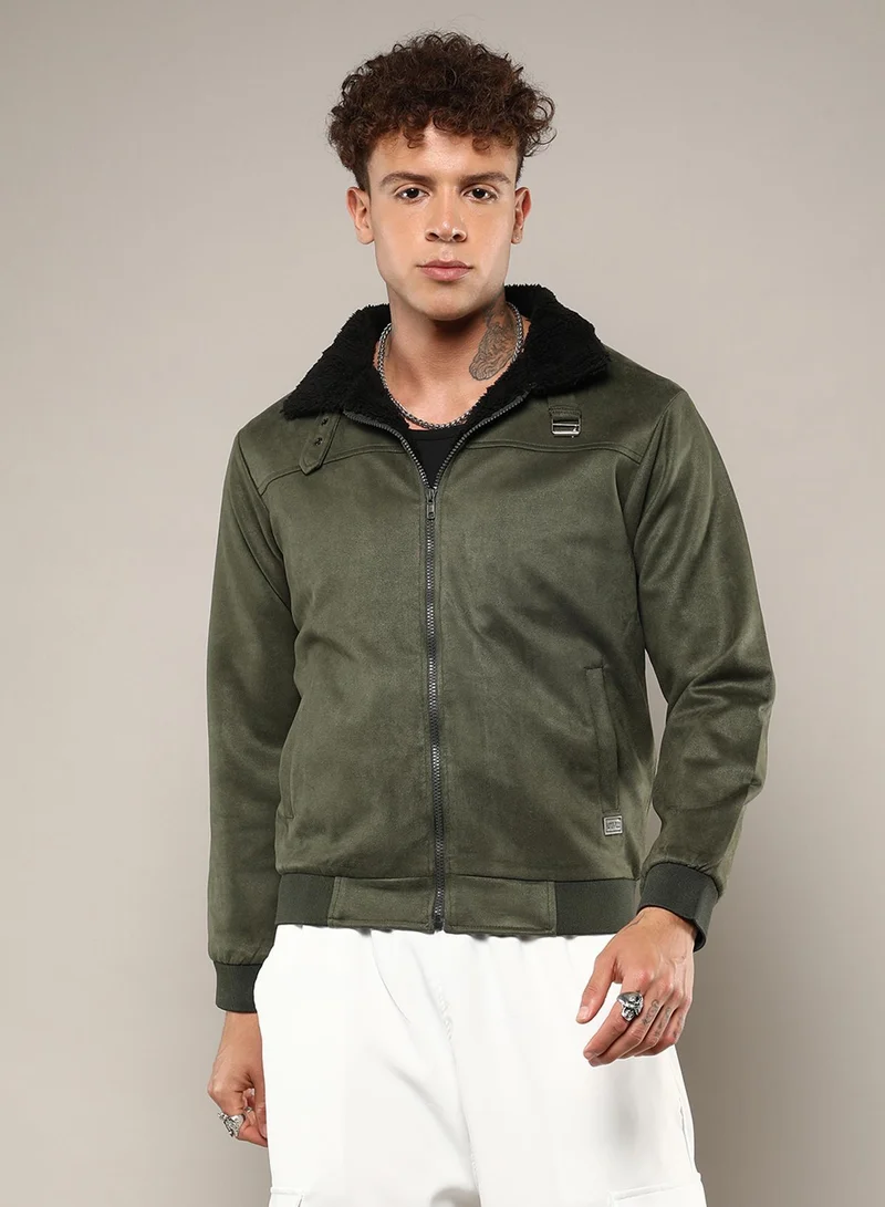 Campus Sutra Men's Army Green Fur-Lined Suede Bomber Jacket