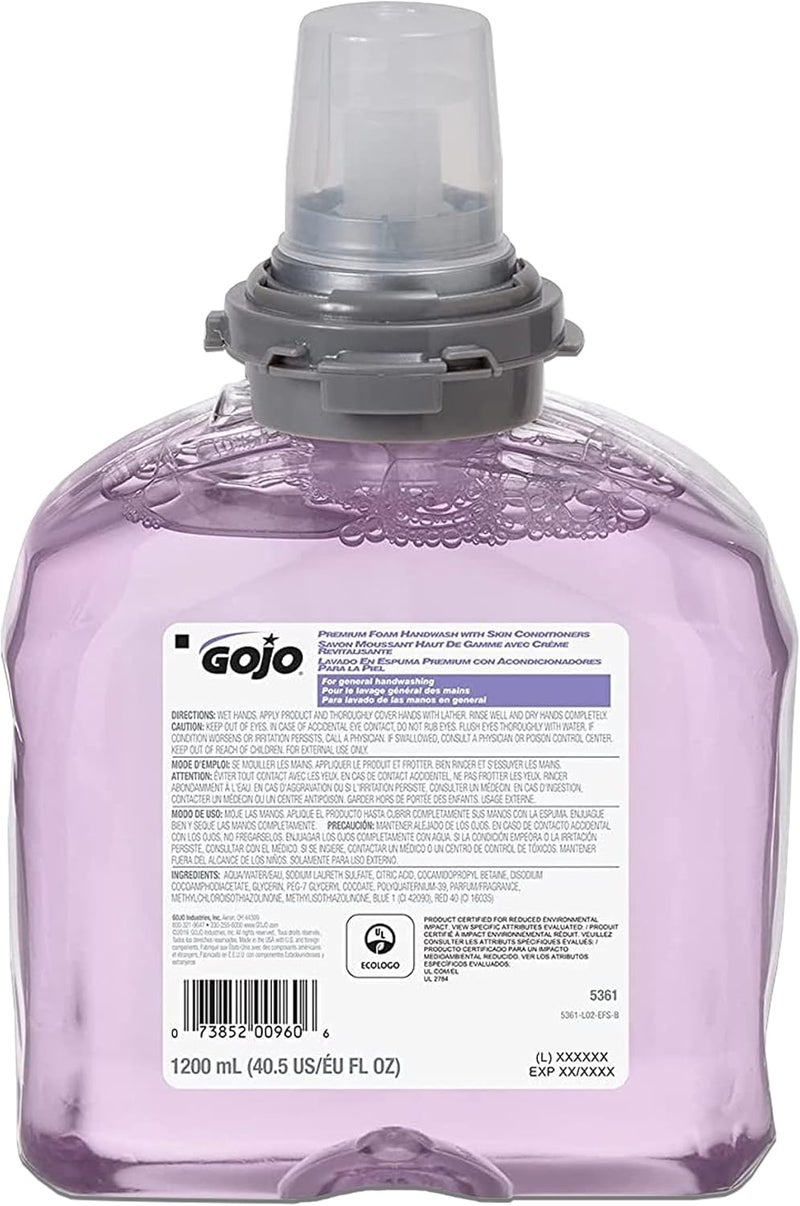 GOJO Premium Foam Handwash with Skin Conditioners Cranberry Scent EcoLogo Certified 1200 mL Foam Hand Soap Refill TFX TouchFree Dispenser Pack of 2  536102