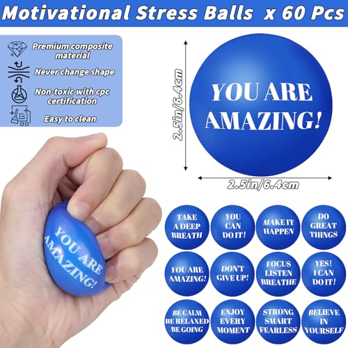 Oleitodh 60 Pieces Motivational Stress Balls 25 Inch Inspirational Stress Relief Ball Bulk Hand Exercise Balls Encouraging Blue Foam Balls Anxiety Small Balls with Quotes for Kids Adults Teens 12 Styles - Image 5