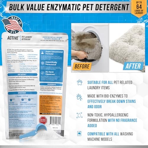 Active Pet Laundry Detergent Odor Remover - ACTIVE Enzyme Based Powder Detergent for Dogs Beds, Cat Pee, HE Washer Friendly Natural Enzymatic Deodorizer, Urine, Smell, Dog Drool, Stain Eliminator - 64 Loads - Image 4