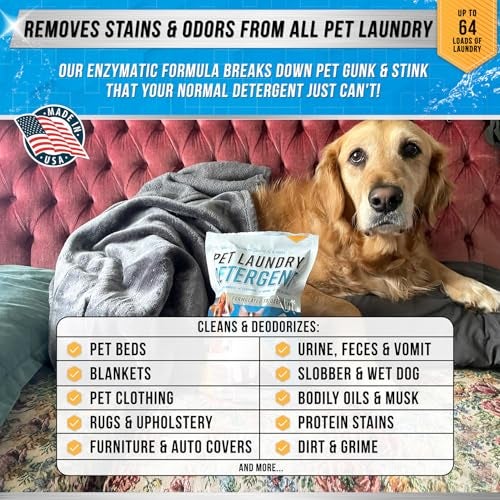 Active Pet Laundry Detergent Odor Remover - ACTIVE Enzyme Based Powder Detergent for Dogs Beds, Cat Pee, HE Washer Friendly Natural Enzymatic Deodorizer, Urine, Smell, Dog Drool, Stain Eliminator - 64 Loads - Image 3
