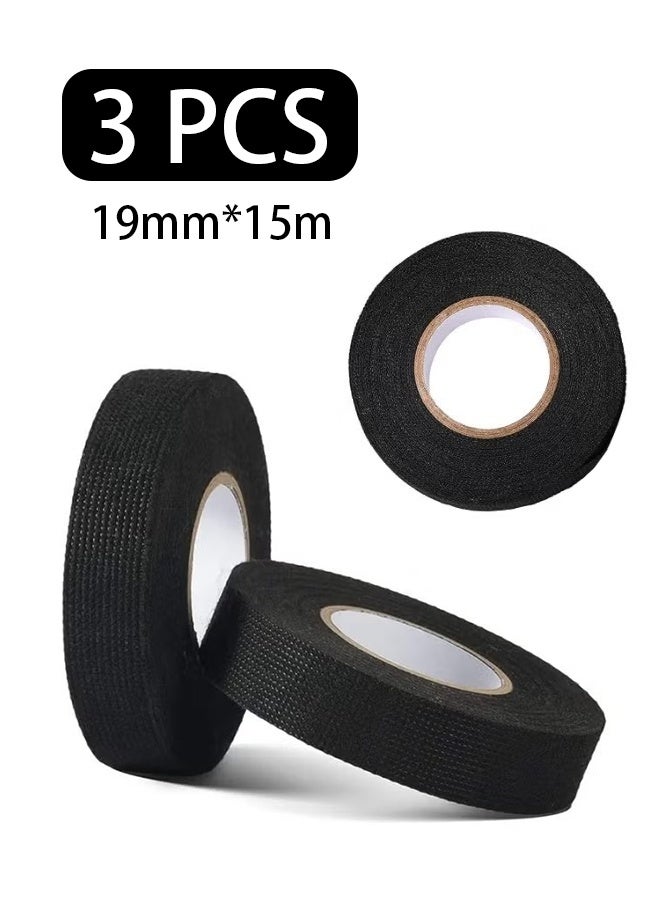 GIFT 3 Rolls Wire Loom Harness Tape, Wiring Harness Cloth Tape, Black Adhesive Fabric Tape for Automobile Electrical Insulation Protection Wire harnessing Noise Damping Heat Proof 19mm*15M - Image 1