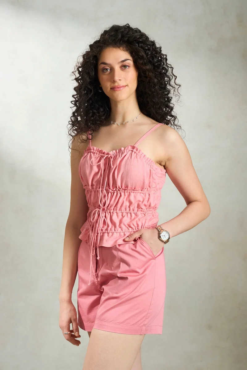 Virgio Linen Tiered Brunchwear Cami Front Tie Up Tops for Women