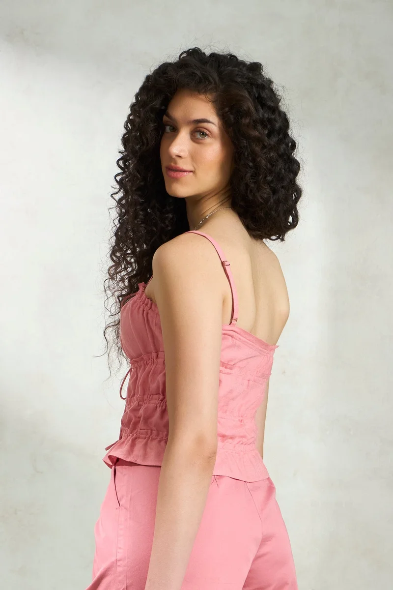 Virgio Pink Linen Tiered Brunchwear Cami Front Tie Up Tops for Women for Women | Best Price UAE