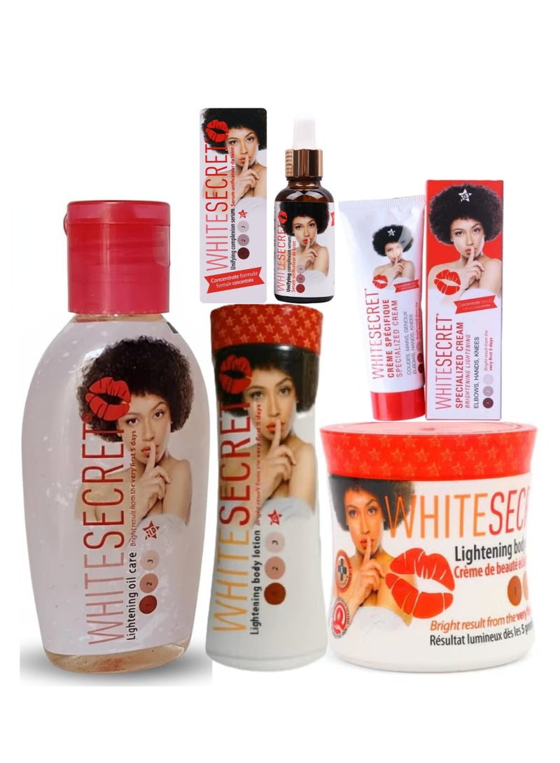 White Secret Body Oil - 60ml | Face Serum - 30ml | Body Cream - 320ml | Brightening Cream - 70g | Body Lotion - 500 ml - 5 Piece Set - Image 1