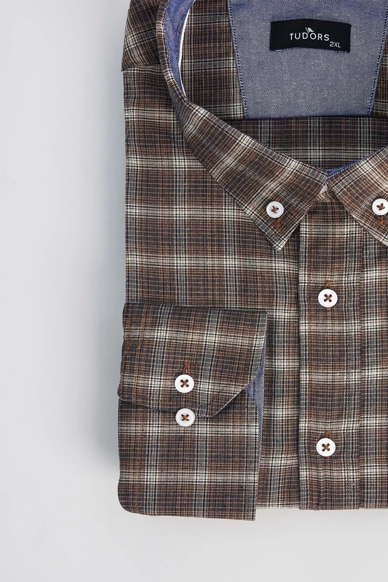 تودورس Men's Big Size Cotton Checkered Button-Down Collar Shirt