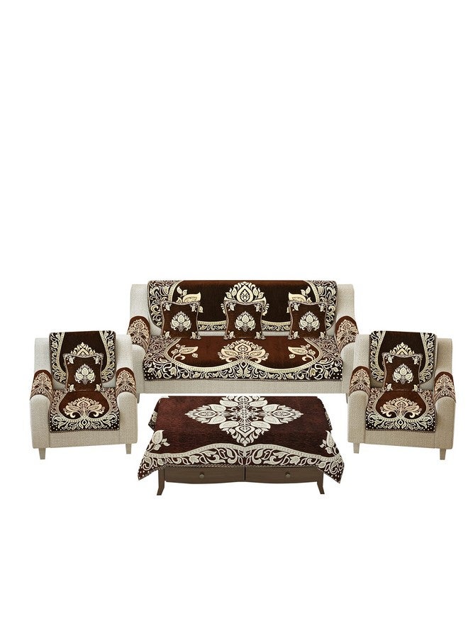 jayvaam Sofa Seater Slip Covers with Arm and Cushion and Table Cover - 3+2 Seater Velvet Sofa Cover Set for Single Sofa Couch - 5 Seater Sofa Seat Protector Slip and Back Covers, 2701_Coffee - Image 2