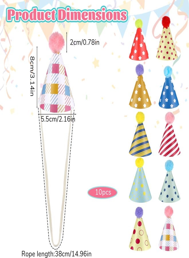 Apausvcm 10Pcs Birthday Hats for Dog/Cat, Cute Paper Party Hats with Pom Poms for Stuffed Animals Mini Party Hat Adjustable Mini Cat Birthday Partys Hat for Kittens Rabbits Small Animals - Image 2