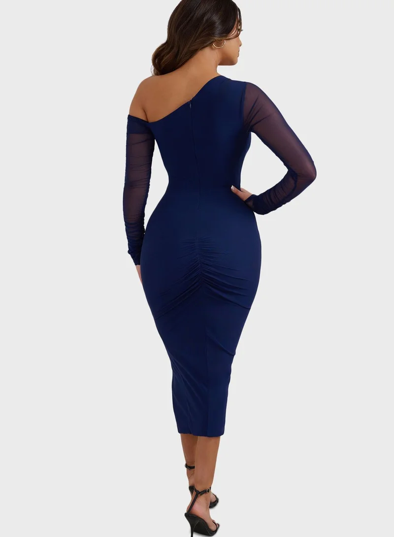 Club L London Asymmetric Mesh Ruched Dress