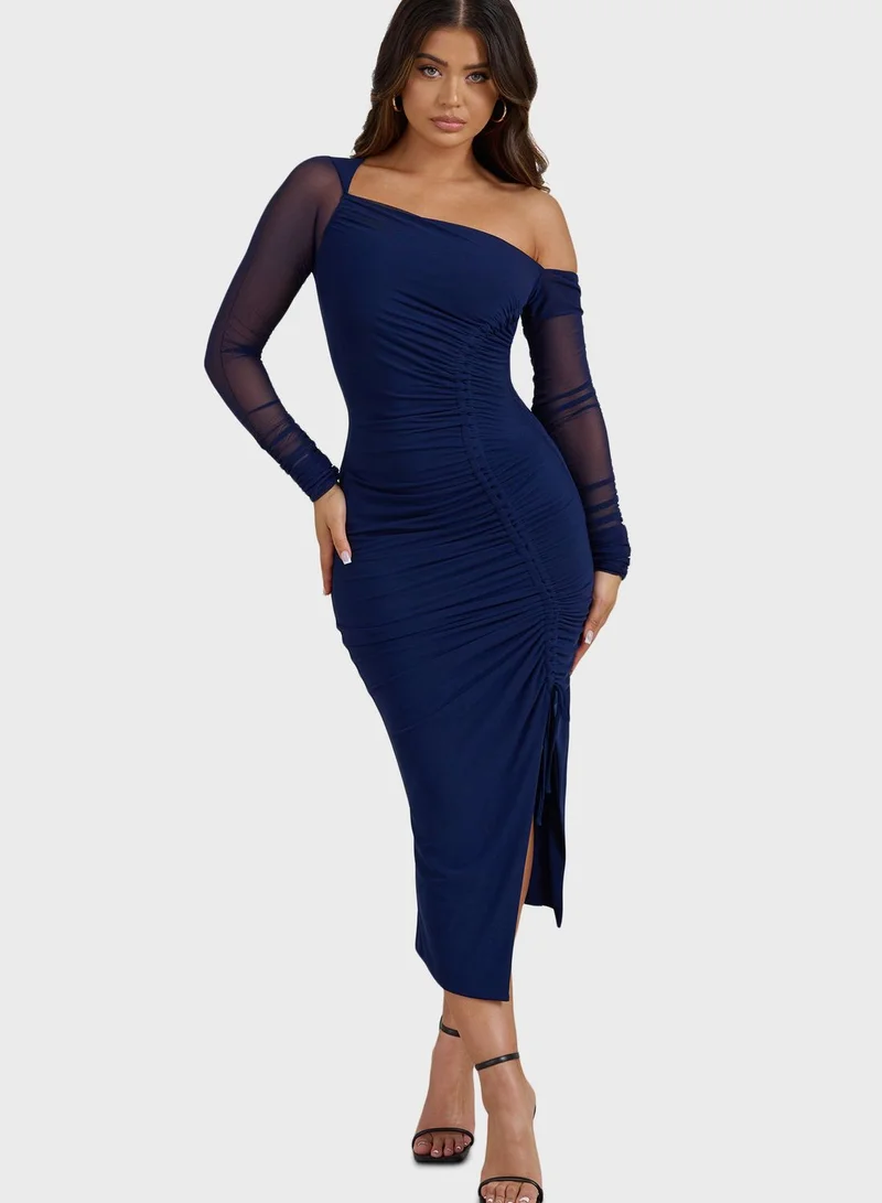 Club L London Asymmetric Mesh Ruched Dress