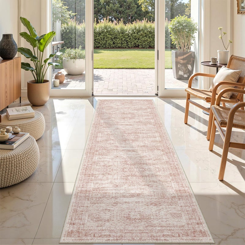 Restydon Rug Runners for Hallways Non Slip - 2x8 Runner Rug for Bedroom, Washable Runner with Rubber Backing, Soft Low-Pile Carpet for Kitchen, Laundry, Bathroom (2'x8', Pink/Ivory) - Image 2