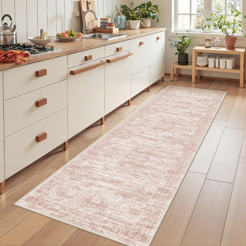 Restydon Rug Runners for Hallways Non Slip - 2x8 Runner Rug for Bedroom, Washable Runner with Rubber Backing, Soft Low-Pile Carpet for Kitchen, Laundry, Bathroom (2'x8', Pink/Ivory) - Image 3