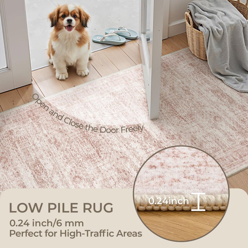 Restydon Rug Runners for Hallways Non Slip - 2x8 Runner Rug for Bedroom, Washable Runner with Rubber Backing, Soft Low-Pile Carpet for Kitchen, Laundry, Bathroom (2'x8', Pink/Ivory) - Image 5