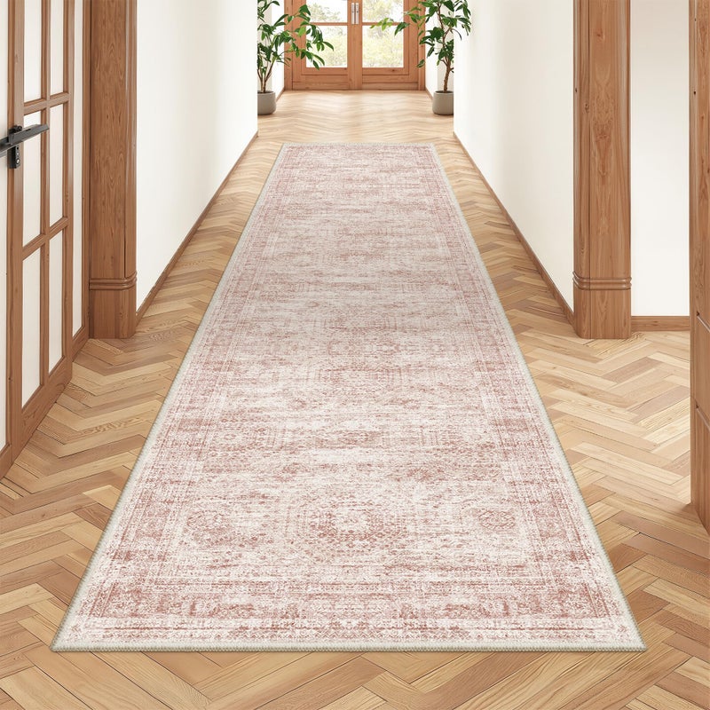 Restydon Rug Runners for Hallways Non Slip - 2x8 Runner Rug for Bedroom, Washable Runner with Rubber Backing, Soft Low-Pile Carpet for Kitchen, Laundry, Bathroom (2'x8', Pink/Ivory) - Image 1