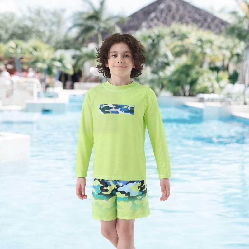 Aisyee Boys Two Piece Rash Guard Swimsuits Set with Swim Trunk Kids Long Sleeve Bathing Suit Swimwear Set Green Gradient Camo Size 10/8-10 Years - Image 2