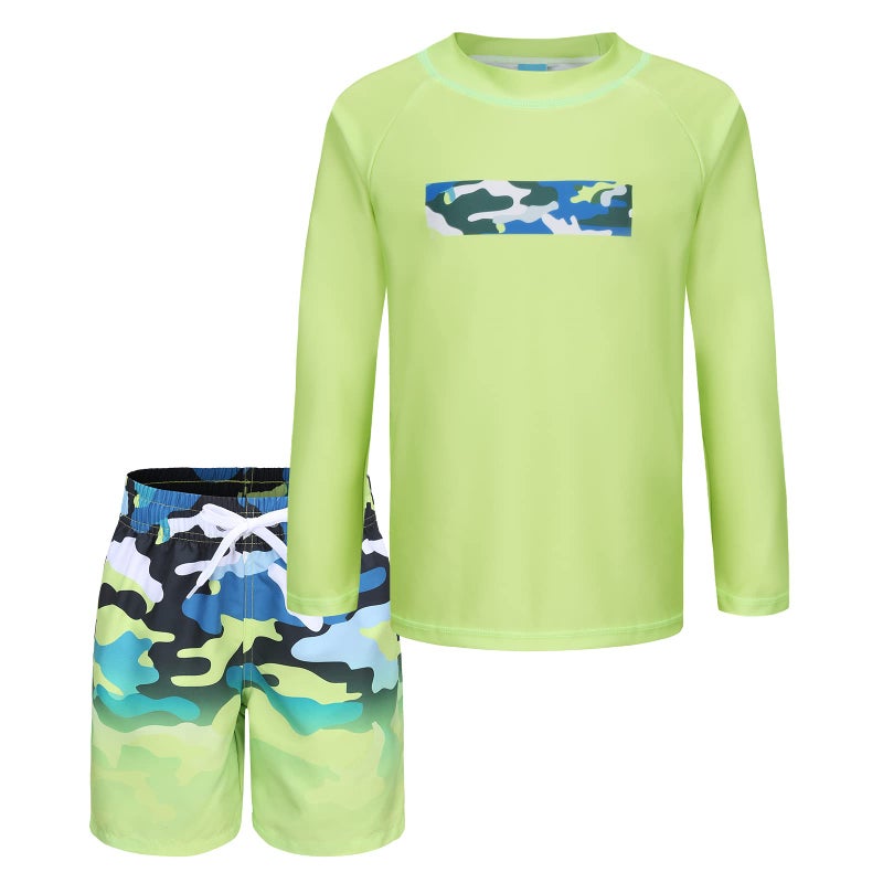 Aisyee Boys Two Piece Rash Guard Swimsuits Set with Swim Trunk Kids Long Sleeve Bathing Suit Swimwear Set Green Gradient Camo Size 10/8-10 Years - Image 1