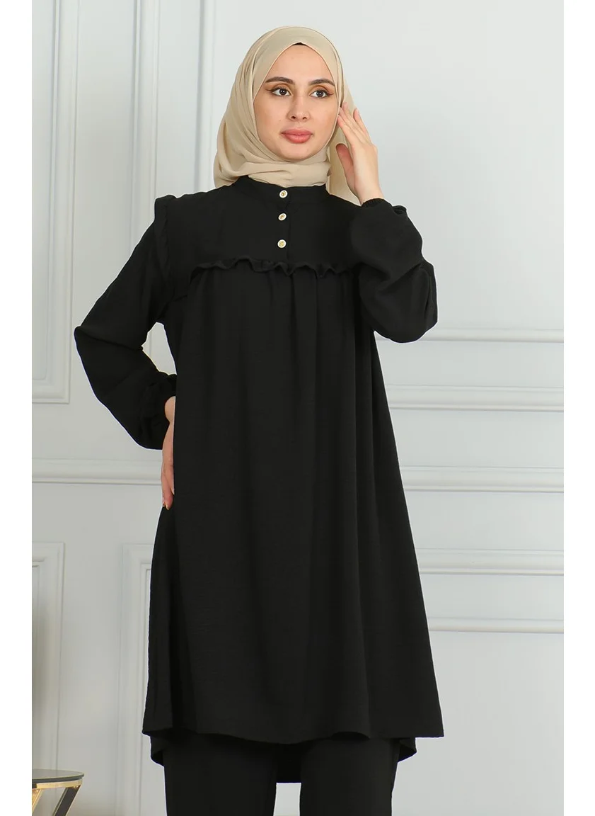 Sefa Merve Aerobin Fabric Ruffle Tunic Trousers Two Piece Set 1009-03 Black
