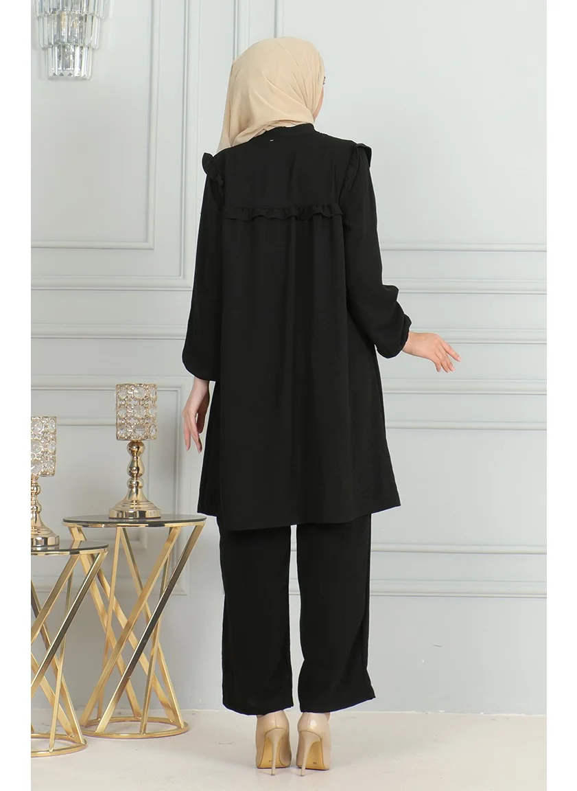 Sefa Merve Aerobin Fabric Ruffle Tunic Trousers Two Piece Set 1009-03 Black