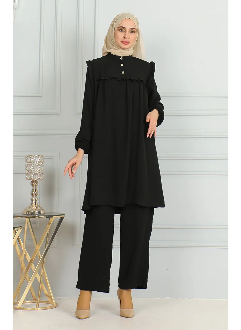 Sefa Merve Aerobin Fabric Ruffle Tunic Trousers Two Piece Set 1009-03 Black