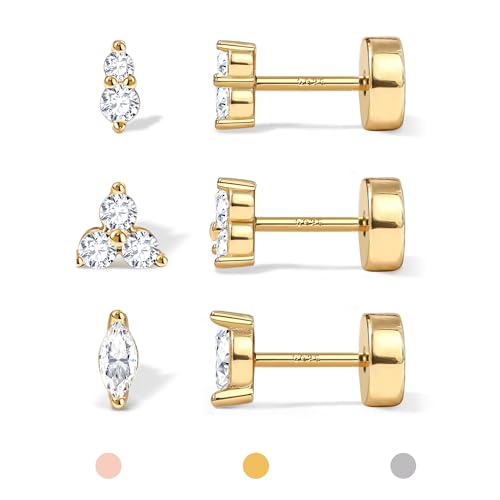 GEMQUEEN Hypoallergenic Flat Back Earrings White Gold Plated Solid 925 Sterling Silver Post Earring Stud Cartilage Helix Conch Tragus Piercing Jewelry 3 Pairs Screw Back CZ Opal Earings Sets for Women Men - Image 1