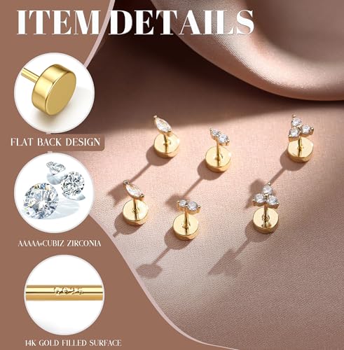 GEMQUEEN Hypoallergenic Flat Back Earrings White Gold Plated Solid 925 Sterling Silver Post Earring Stud Cartilage Helix Conch Tragus Piercing Jewelry 3 Pairs Screw Back CZ Opal Earings Sets for Women Men - Image 2