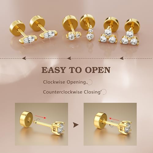 GEMQUEEN Hypoallergenic Flat Back Earrings White Gold Plated Solid 925 Sterling Silver Post Earring Stud Cartilage Helix Conch Tragus Piercing Jewelry 3 Pairs Screw Back CZ Opal Earings Sets for Women Men - Image 5