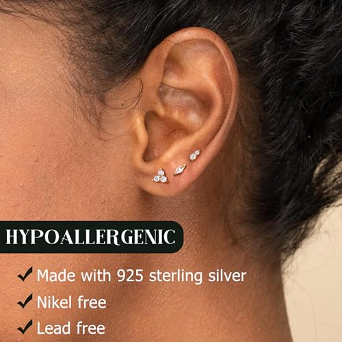GEMQUEEN Hypoallergenic Flat Back Earrings White Gold Plated Solid 925 Sterling Silver Post Earring Stud Cartilage Helix Conch Tragus Piercing Jewelry 3 Pairs Screw Back CZ Opal Earings Sets for Women Men - Image 3