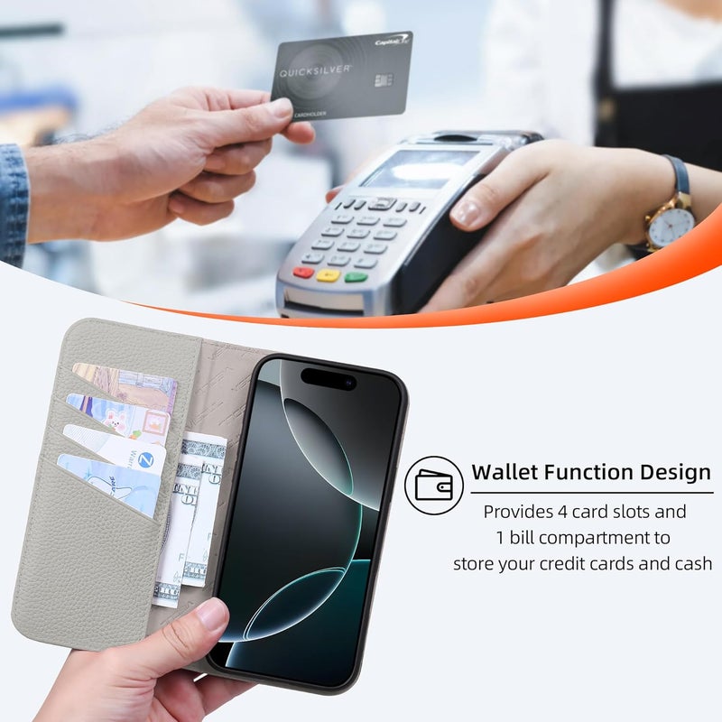 VISOUL Wallet Case Compatible with iPhone 17 Pro Max 6.9" 2025 Litchi Grain Genuine Leather Magnetic Flip Folio Cover with Wireless Charging, RFID Blocking, 4 Card Slots- - Image 3